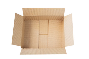 Top view of open recycled reused cardboard box isolated on white