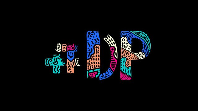 Hashtag #DP. Animated text. Transparent Alpha channel, 4K video. Colored funny doodle letters, unique style. Trendy popular Hashtag #DP for social network, social media, title video intro.