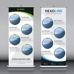 Green blue grey color roll up banner design template vector with 4 images and four titles. Information advertisement X-banner and Street Business Flag Exhibition banner. 2 in 1 editable vector