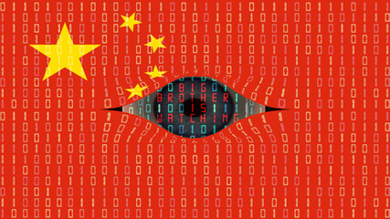 Chinese flag and big brother data surveillance - obrazy, fototapety, plakaty