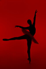Beautiful silhouette of ballerina on red background dancing ballet. Woman performs smooth movements with hands. Sensual dancer in tutu dress on scene under infrared light.. 
