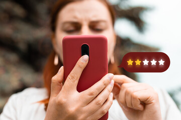 Customer Experience Concept. Excellent. Person using mobile phone with icon two star symbol to...