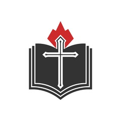 Christian illustration. Church logo. The cross of the Lord Jesus Christ, an open Bible and a flame of fire are a symbol of the Holy Spirit.