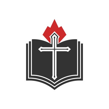 Christian illustration. Church logo. The cross of the Lord Jesus Christ, an open Bible and a flame of fire are a symbol of the Holy Spirit.