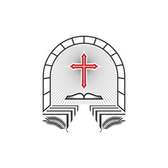 Fototapeta premium Christian illustration. Church logo. The glory of Christ in the church, palm branches and an open bible.
