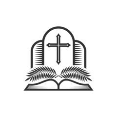 Christian illustration. Church logo. The glory of Christ in the church, palm branches and an open bible.