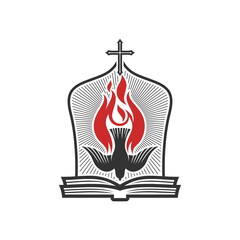 Christian illustration. Church logo. The cross of the Lord Jesus Christ, a dove in flame - as a symbol of the Holy Spirit of God, and an open Bible.