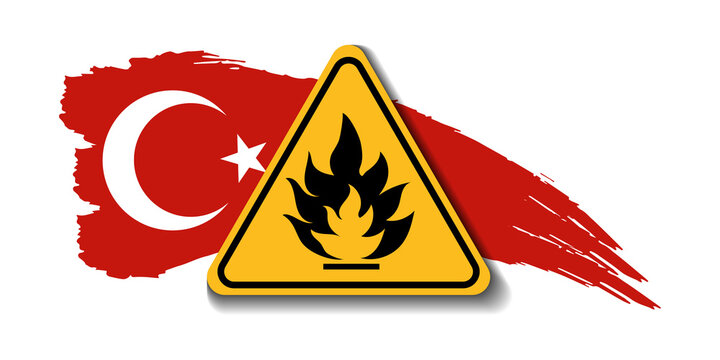 Triangle yellow sign of fire hazard pictogram with Turkey national flag on white background. Vector illustration