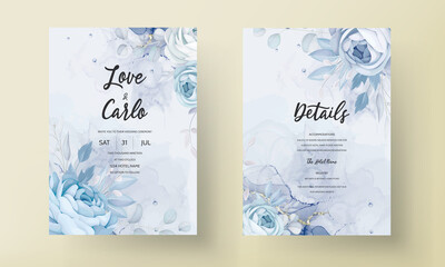 Elegant blue peony flower and leaves wedding invitation card design