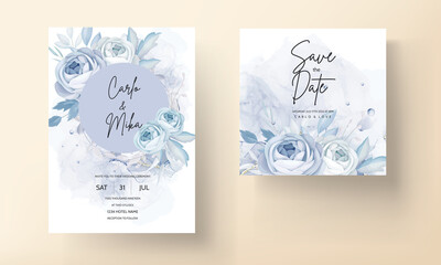 Fototapeta na wymiar Elegant blue peony flower and leaves wedding invitation card design