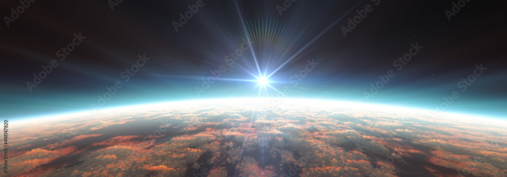 Canvas Prints earth sunrise from space over cloudy ocean. 3d rendering