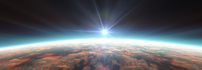 Earth sunrise from space over cloudy ocean. 3d rendering © aleksandar nakovski