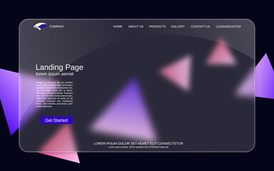 Website landing page vector template. Abstract style background for webpage and application with glassmorphism effect