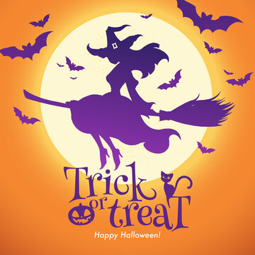 Witch fly on broomstick with black cat against orange background of the full moon vector banner. Happy Halloween greeting and trick or treat concept.