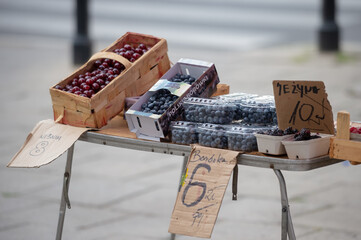 sprzedaż owoców na ulicy wiśnie borówka w opakowaniu, cena  - obrazy, fototapety, plakaty