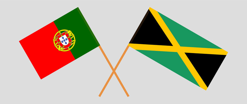 Crossed flags of Portugal and Jamaica. Official colors. Correct proportion