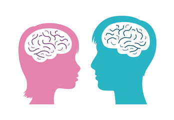 Man and woman heads with brain silhouette flat icons