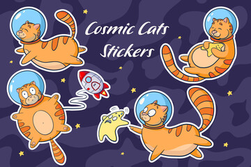 Cosmic Cats Cartoon Stickers Set. Collection of cute animals in space isolated vector illustrations. Funny cats astronauts for logo, nursery decor, sticker, print, background, game design