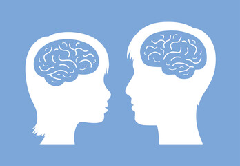 Man and woman heads with brain silhouette