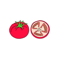 Vector illustration with tomato and tomato slice on a white background.