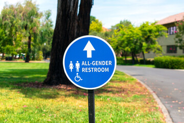 All-Gender Restroom outdoor sign with directional arrow to gender neutral toilet. ADA compliant outdoor signage.