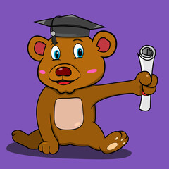 A Character Bear With Graduation Theme, Purple Colors Background, Mascot, Icon, Character or Logo, Vector and Illustration.