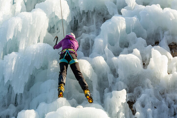Female ice climber with ice climbing equipment, axes, helmet, harness, and crampons hanging on a...