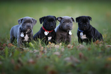 staffordshire terrier puppies on a green lawn