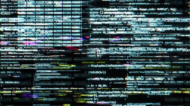 4K Screen changing data and computer programming messy source code Loop animation. lots of digital glitch noise. Network security, programming, cyber Hacking encryption with blockchain and crypto.