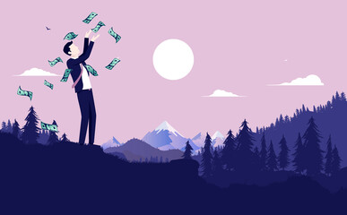 Financial freedom - Man throwing money in air outdoors in open landscape. Economic independence and free concept, vector illustration with copy space