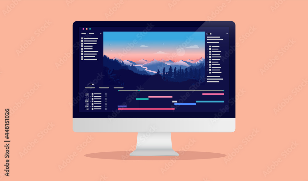 Poster Video editing on desktop computer - Software to edit videos on screen with nature landscape scene, timeline and user interface. Multimedia and film production concept. Vector illustration