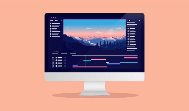 Video editing on desktop computer - Software to edit videos on screen with nature landscape scene, timeline and user interface. Multimedia and film production concept. Vector illustration