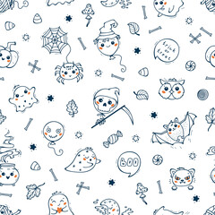 Doodle Halloween Autumn Holiday Vector Seamless Pattern. Cute Kawaii halloween Characters: Ghosts, Balloons, Animals, Pumpkin, Skull etc. Fun Background for Kids. Outline drawing