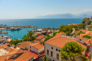 Fototapeta na wymiar ANTALYA, TURKEY: Top view of the old Harbor in Antalya on a sunny summer day.
