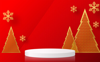 Christmas and New Year podium background vector design 3d products or show cosmetic product display. stage pedestal or platform. winter christmas red background.