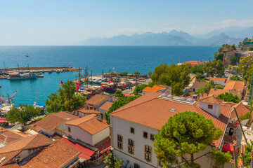 Fototapeta na wymiar ANTALYA, TURKEY: Top view of the old Harbor in Antalya on a sunny summer day.