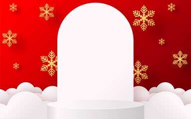 Christmas and New Year podium background vector design 3d products or show cosmetic product display. stage pedestal or platform. winter christmas red background.