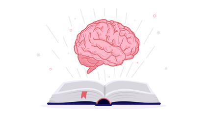 Gain knowledge from books - Open text book lying down with big human brain flying above. Reading, intelligence and wisdom concept, vector illustration