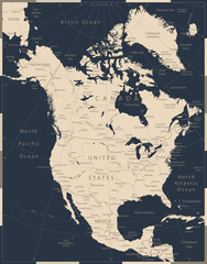 North America Map Old Vintage Color