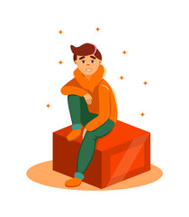 Successful young happy rich man character posing on pedestal