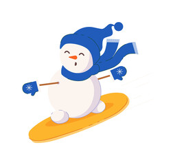 Christmas active snowman skateboarding on white background