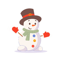 Funny snowman in hat, scarf and mittens isolated on white