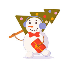 Snowman with christmas tree and gift box isolated on white