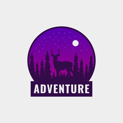 Vintage silhouette Deer and forest at night