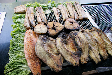 Grilled fish, typical and traditional Brazilian cuisine in Piracicaba, São Paulo. - 448157007