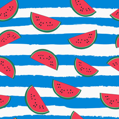 Vector Seamless repeat pattern with tossed juicy red watermelon slices and black seeds on a bright blue grunge stripe