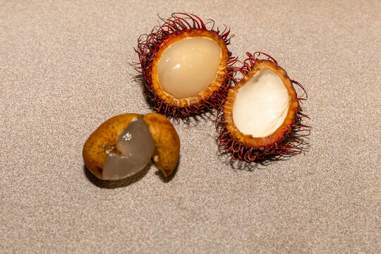 Exotic fruits Chom Chom (Rambutan) and Dimocarpus longan, commonly known as the longan. Native fruit to tropical Asia and China.