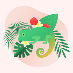 Vector illustration of a chameleon and tropical plants.