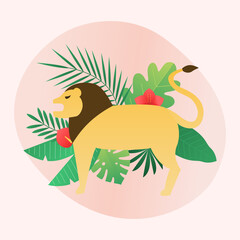 Vector illustration of a lion and tropical plants.