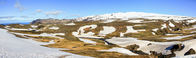 Panoramic view of Eyjafjallajoekull covered in snow, Iceland